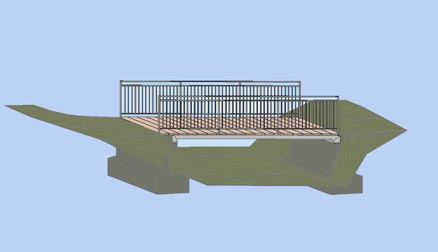 Eine dreidimensionale Zeichnung einer Rad- und Fußwegbrücke inklusive Gründung ohne weitere Umgebung.